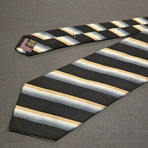 XMI Platinum Handmade Silk Tie Black Tan & Blue Stripes 64" Long 3.75" Wide